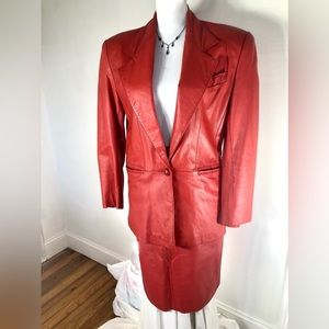 1980’s 💝RED LEATHER JACKET & SKIRT SET NATHANIEL STONE VINTAGE WOMENS 2 PIECE